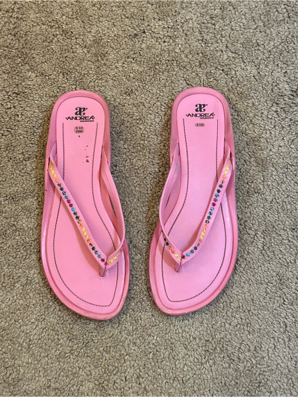 Pink summer flip flops with rainbow floral embroidery